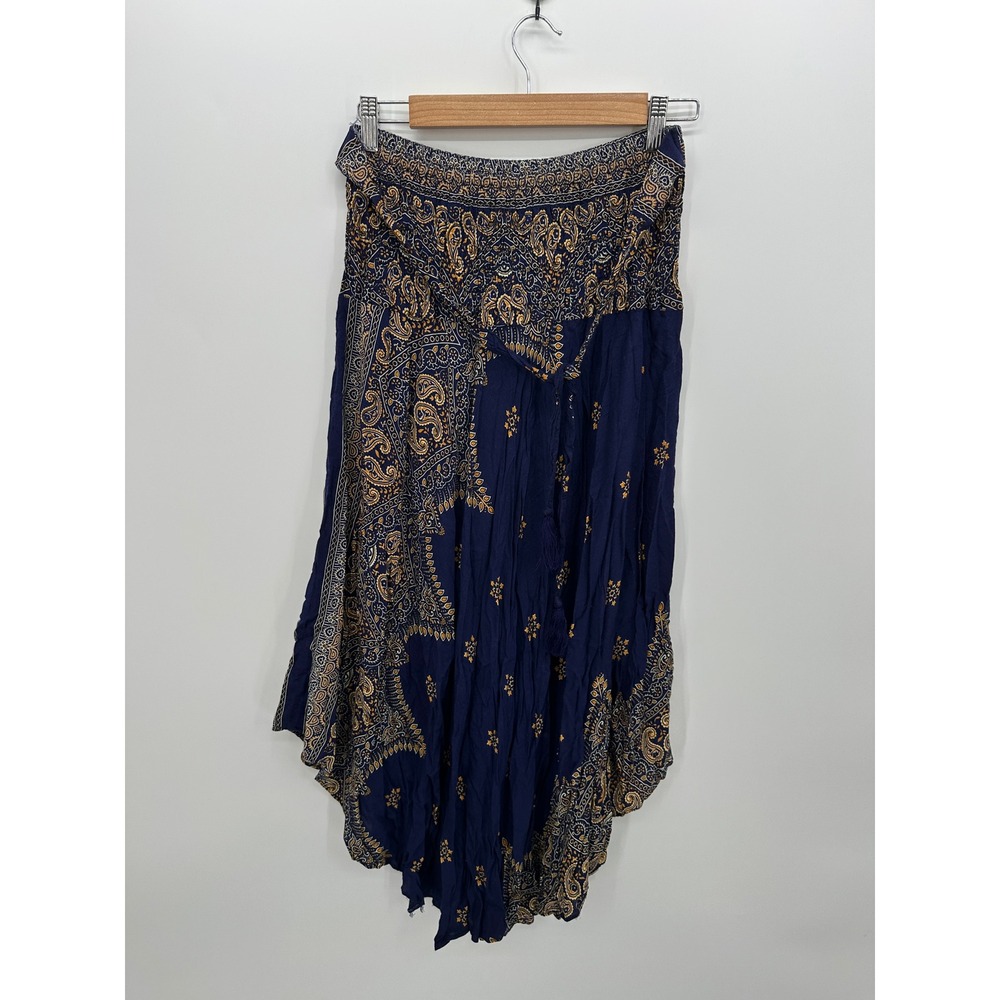 Boho Indie Sleeze Navy Blue Paisley Smocked Waist Handkerchief Hem Skirt L/XL - Picture 2 of 9